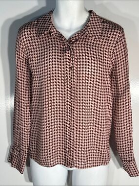 Ecru SZ L Blush & Wine Viscose Houndstooth Button-Up Blouse Career Preppy Old $
